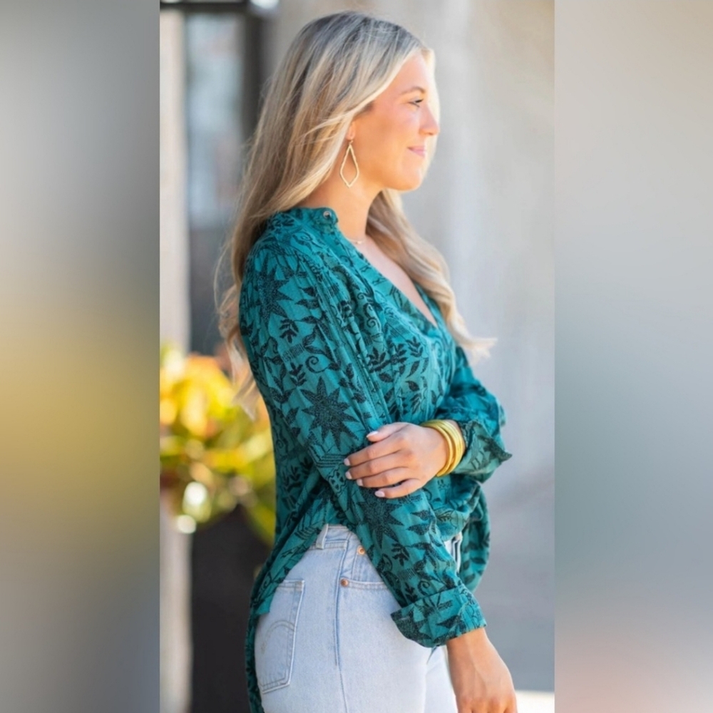 Free People Teal Floral Tunic Top - Picture 2 of 8